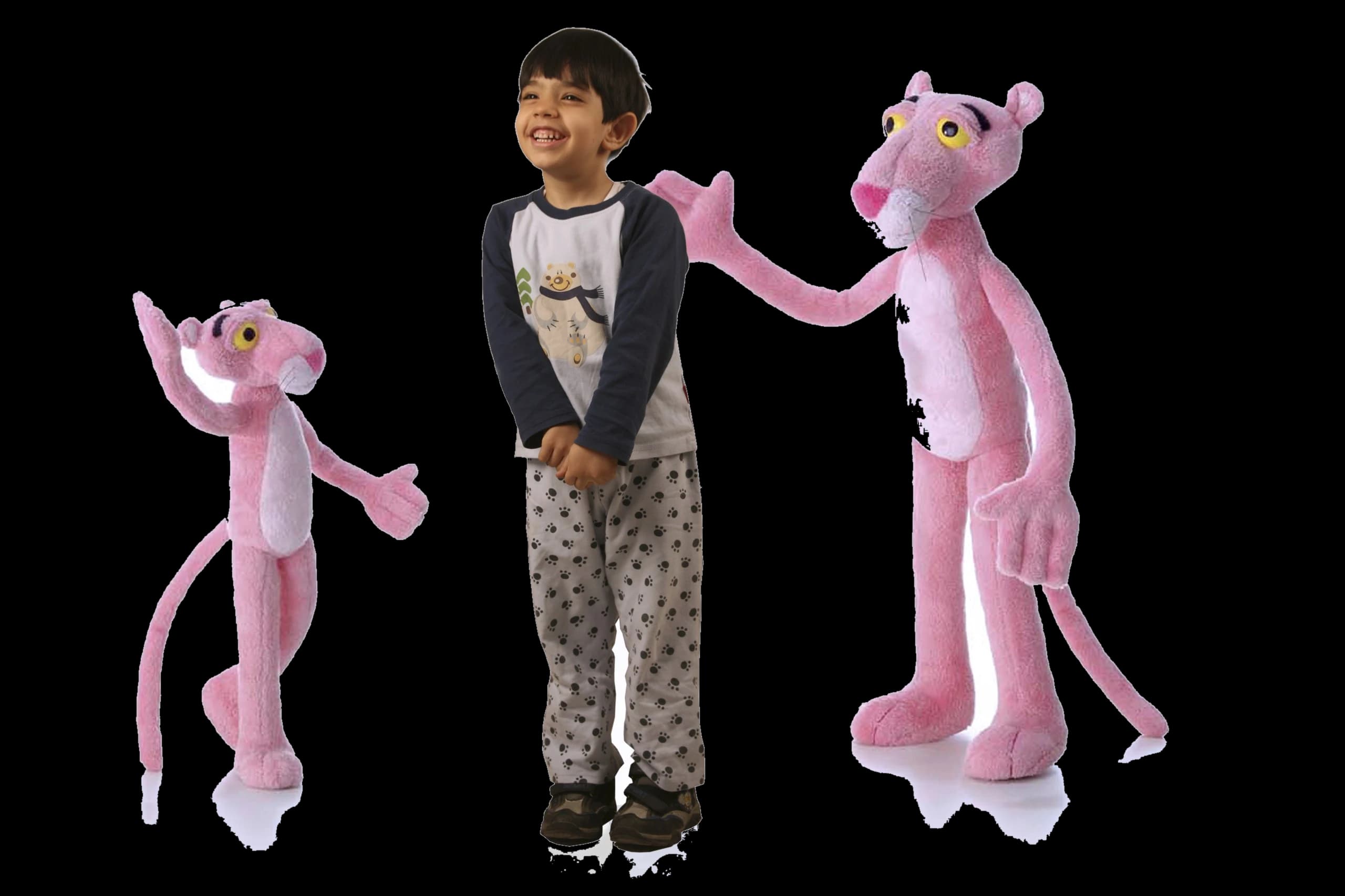 Ali as a child between two pink panther characters