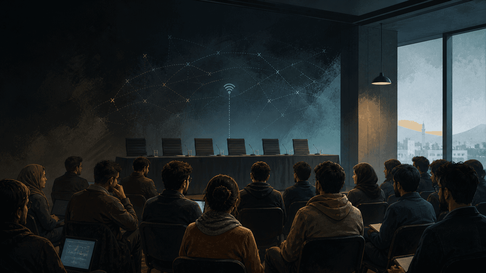 An internet rights meeting with empty official chairs