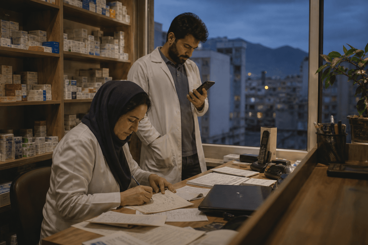 A pharmacy team using paper records