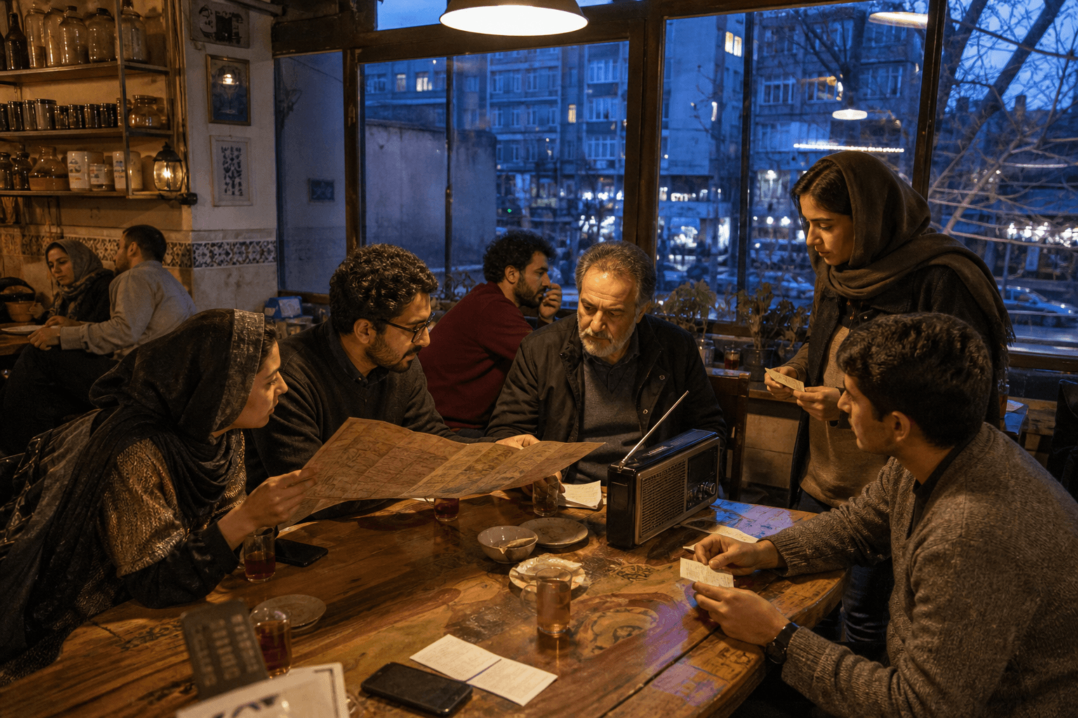 People sharing a radio and printed notes
