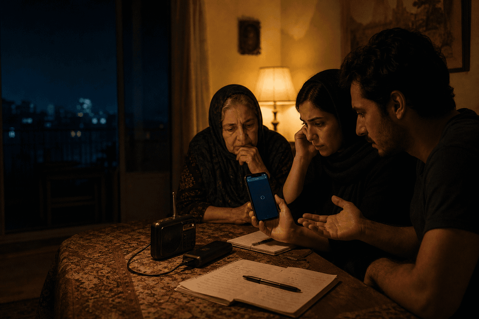 A family using a phone, radio, and notes
