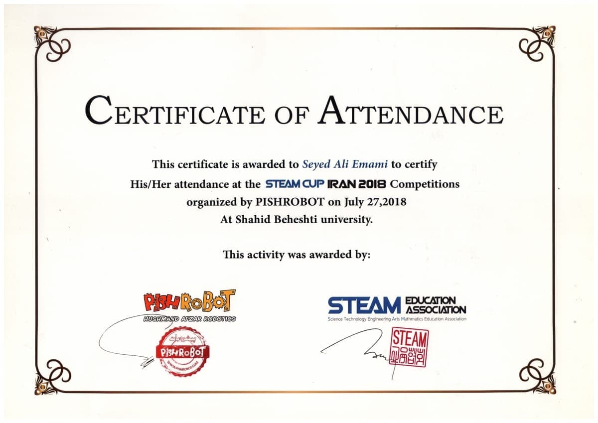 STEAM Cup Iran — Soccer Player Hamster League — Attendance certificate