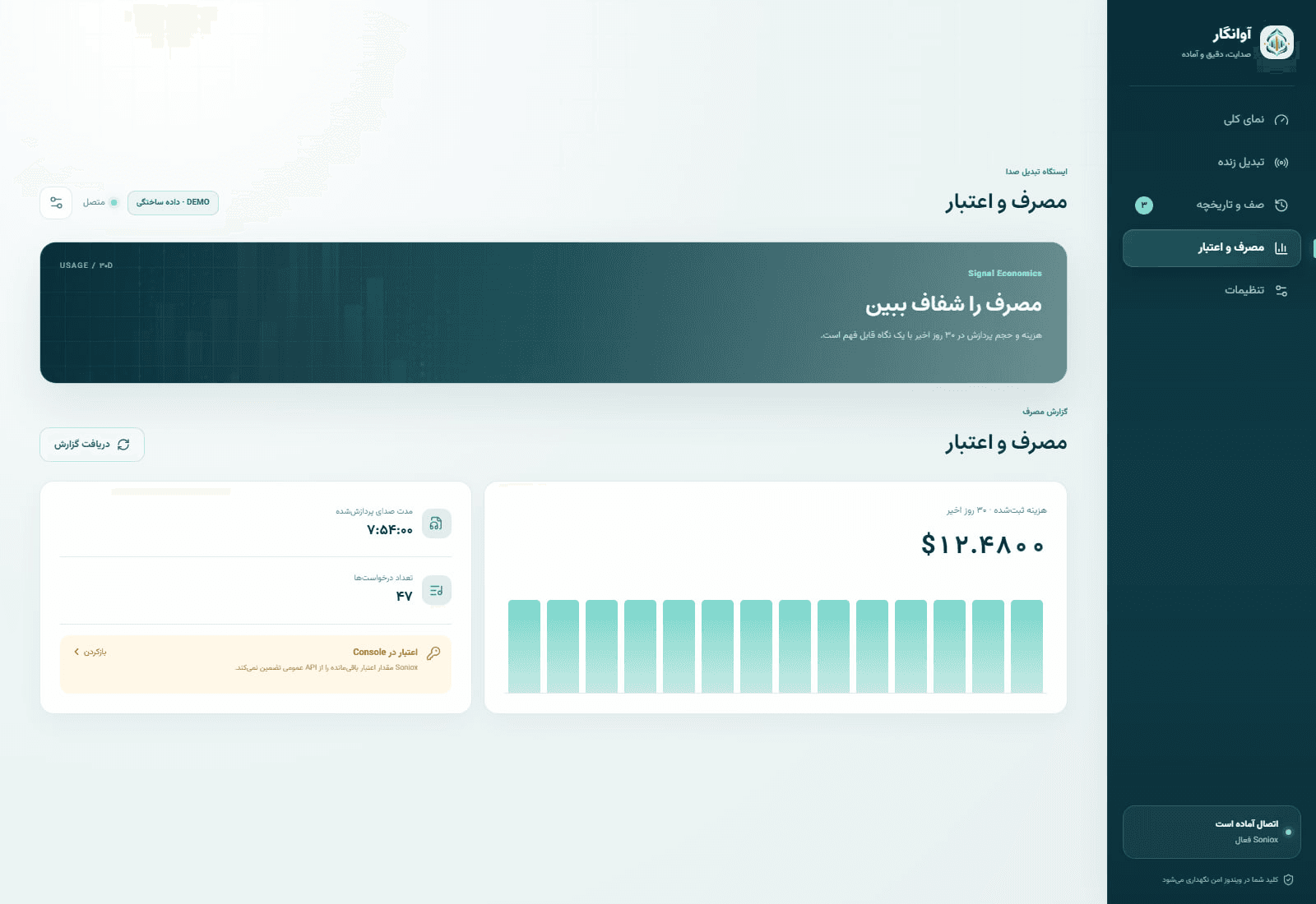 Avangaar usage and credit dashboard