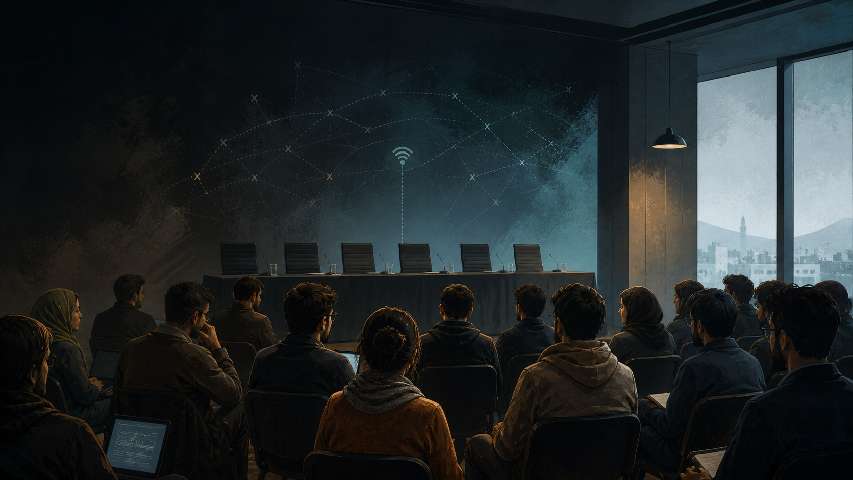 A conceptual illustration of an internet rights meeting with empty official chairs facing the audience