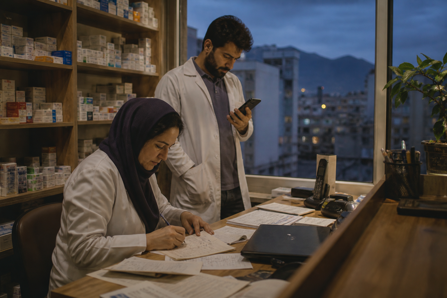 A pharmacy team using paper records while a phone has no connection
