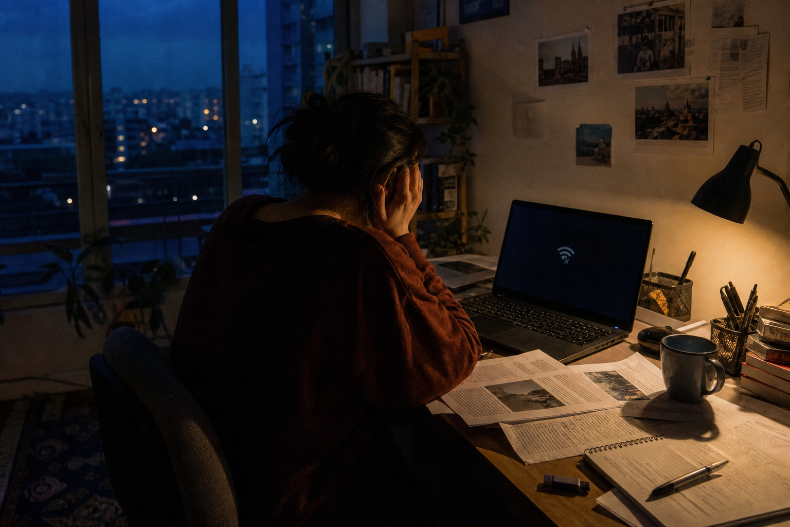 A student studying from printed pages while a laptop remains offline