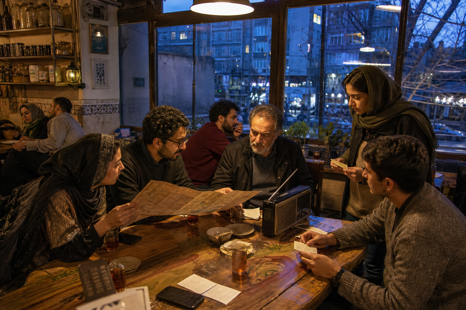 People sharing printed notes and a radio in a neighborhood cafe