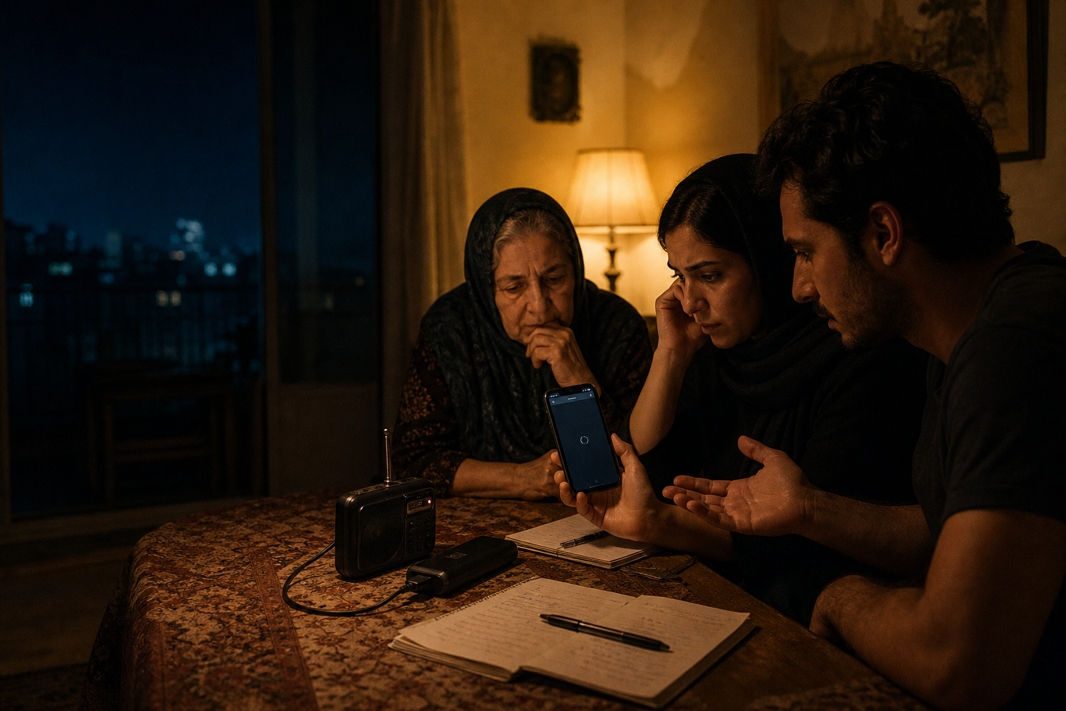 A family using a phone, radio, and handwritten notes during an outage