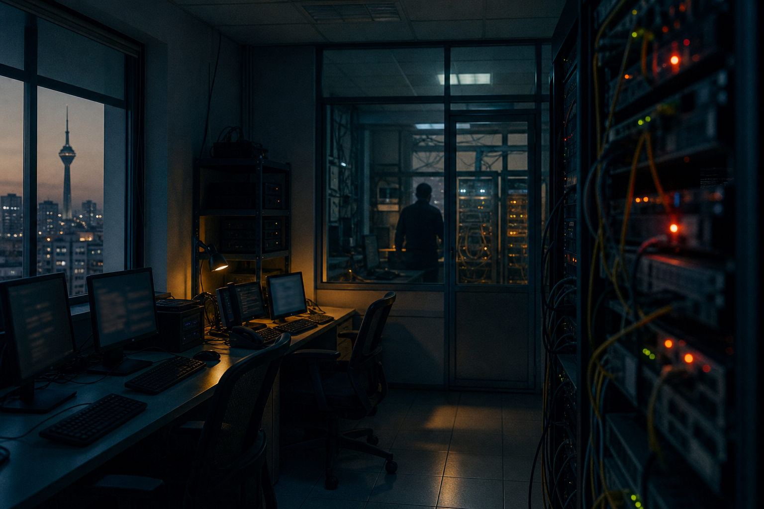 A quiet network operations room with warning lights during a disruption