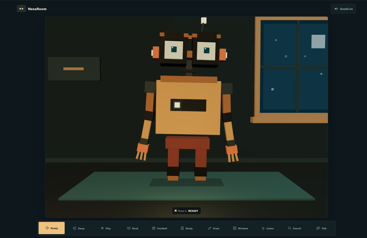 NexaRoom ready state with the robot character in the center of the room